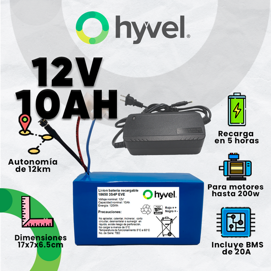 Imagen detallada de la Batería 12v 10ah + Cargador incluido con etiqueta de sus especificaciones y elementos internos.
