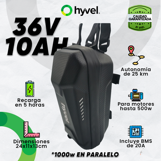 Imagen de la Batería Externa para Scooter 36V 10Ah junto a su empaque negro con sierre y nombre grabado de la marca en su parte frontal
