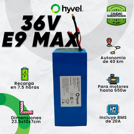 Imagen de la Batería 36V 15Ah compatible con Honey Whale E9 MAX con especificaciones y cualidades alrededor, junto al logotipo de Hyvel.