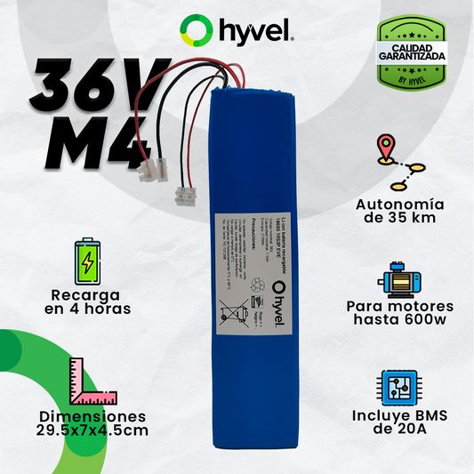 Imagen de la Batería 36V 7.5Ah compatible con Honey Whale M4 con especificaciones y cualidades alrededor, junto al logotipo de Hyvel.