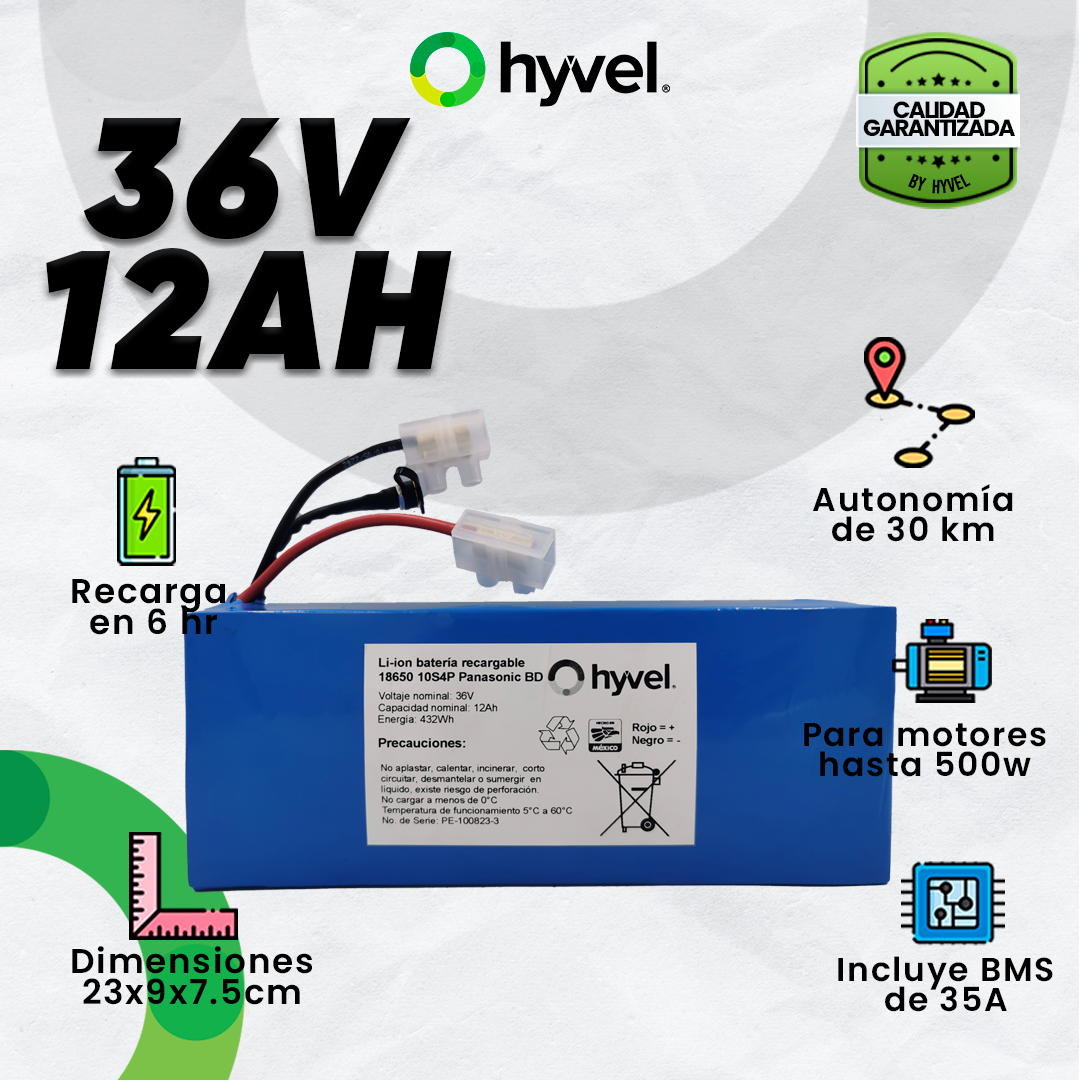 Batería 36v 12ah Panasonic, con distintivos visibles de 36v y 12Ah, destacando la potencia y capacidad.