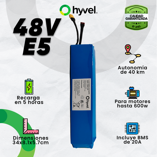 Imagen de la Batería 48V 10Ah compatible con Honey Whale E5 con especificaciones y cualidades alrededor, junto al logotipo de Hyvel.