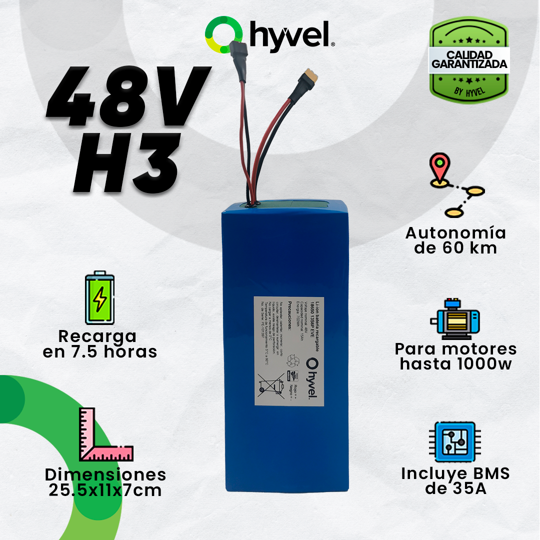 Imagen de la Batería 48V 15Ah compatible con Honey Whale H3 con especificaciones y cualidades alrededor, junto al logotipo de Hyvel.