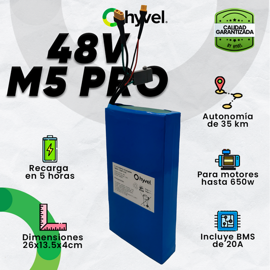 Imagen de la Batería 48V 10Ah compatible con Honey Whale M5 Pro con especificaciones y cualidades alrededor, junto al logotipo de Hyvel.