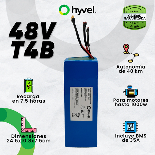 Imagen de la Batería 48V 13Ah compatible con Honey Whale T4B con especificaciones y cualidades alrededor, junto al logotipo de Hyvel.