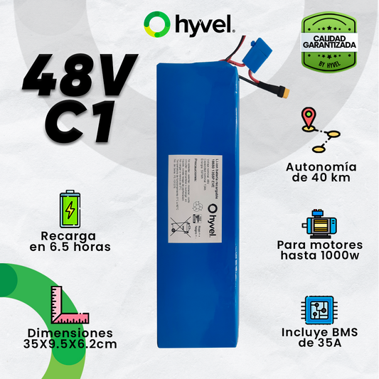 Imagen de la Batería 48V 13Ah compatible con Honey Whale C1 con especificaciones y cualidades alrededor, junto al logotipo de Hyvel.