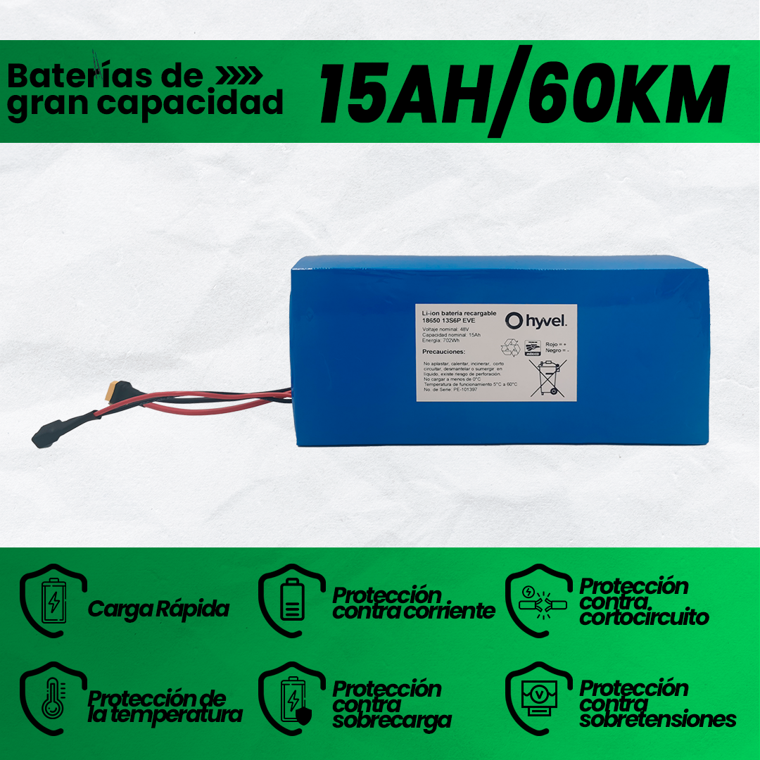 Imagen de los 15AH y 60KM de la Batería 48V 15Ah compatible con Honey Whale H3, acompañada de iconos en forma de escudo que resaltan sus beneficios.