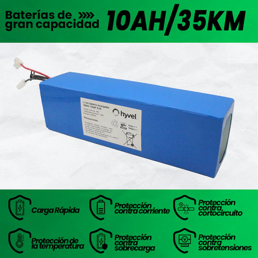 Batería de litio de gran capacidad 48V 10Ah para 35km de autonomía, con protección contra sobretensiones y carga rápida.
