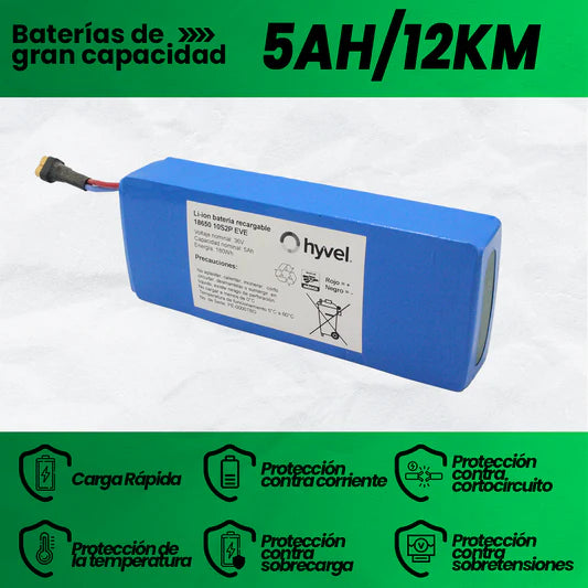Batería de litio de 36V y 5Ah con 12km de autonomía para scooters, incluye protección contra cortocircuito y sobrecarga.