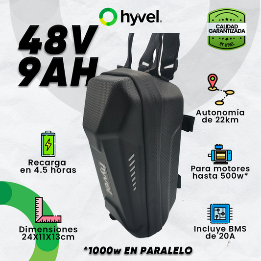 Imagen de la Batería Externa para Scooter 48V 9Ah junto a su empaque negro con sierre y nombre grabado de la marca en su parte frontal