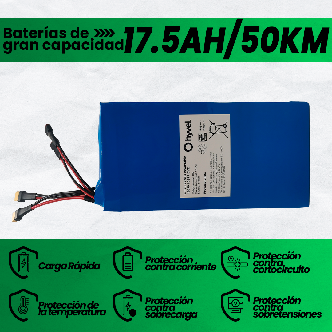 Imagen de los 17.5AH y 50KM de la Batería 48V 17.5Ah compatible con Honey Whale T8B, acompañada de iconos en forma de escudo que resaltan sus beneficios.