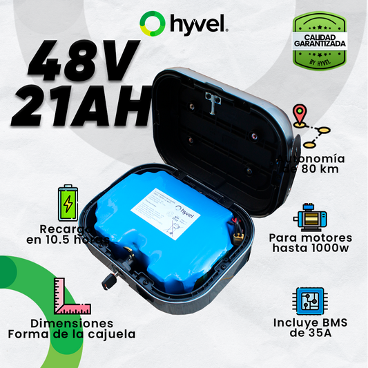 Batería compatible con cajuela de Honey Whale H3 con especificaciones y cualidades alrededor, junto al logotipo de Hyvel.