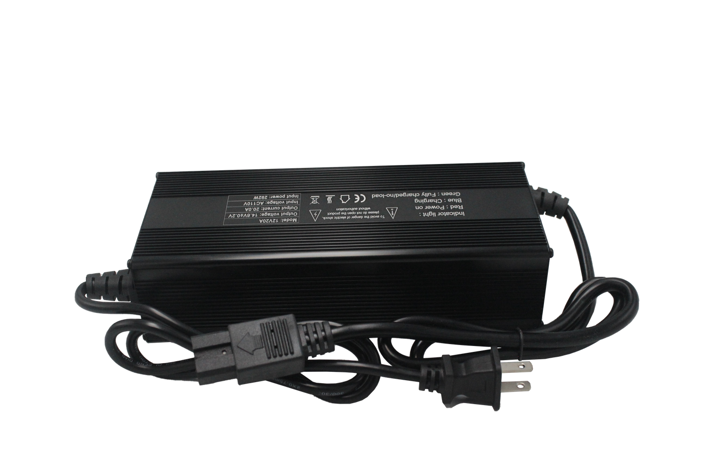 Cargador 4s 12v 20ah para LiFePO4 de Hyvel de color negro con sus especificaciones en color blanco y el cable enrollado
