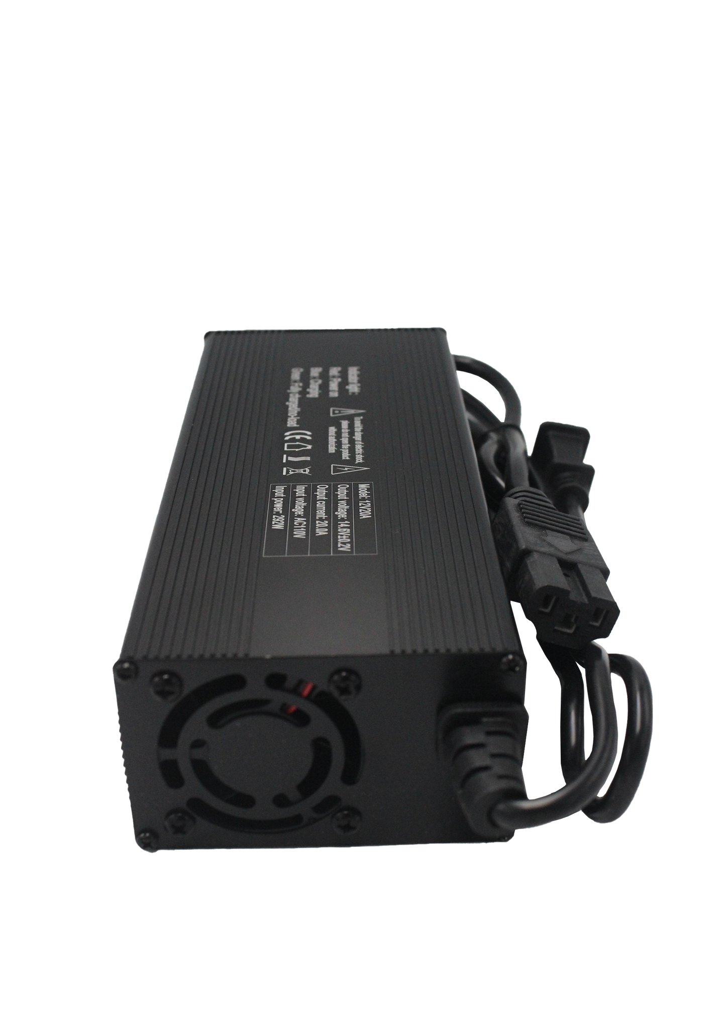 Cargador 4s 12v 20ah para LiFePO4 Hyvel de color negro con su cable enrollado y especificaciones en color blanco