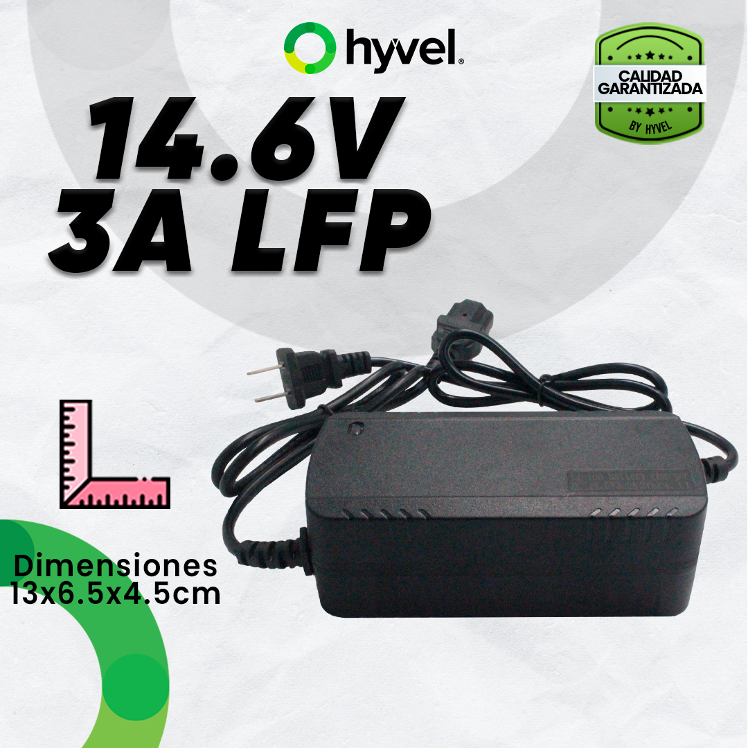 Fotografía del cargador LiFePO4 14.6V 3A en su presentación.