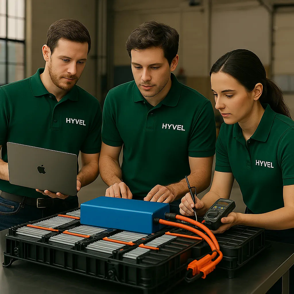Tres empleados de la empresa Hyvel diseñando una batería de litio para mejorar en desempeño en vehículos eléctricos