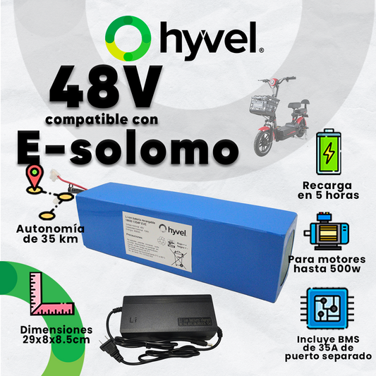 Imagen publicitaria destacando beneficios y funcionalidades del Kit Batería 48V compatible con E-solomo + Cargador 2A con logo Hyvel.