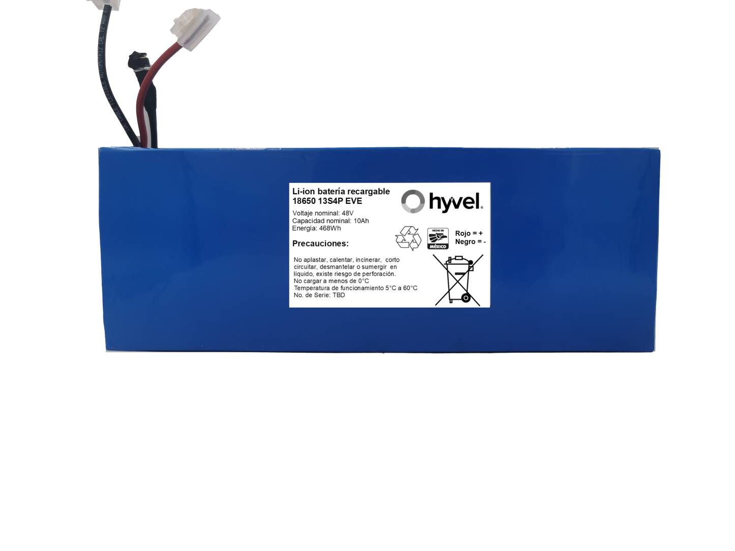 Batería 48v 10ah de la marca Hyvel con etiqueta blanca en la parte frontal frontal y cables conectores.