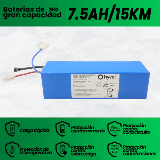 Especificaciones de batería de litio 36V 7.5Ah con BMS de 20A, autonomía de 15km y tiempo de recarga rápida de 4 horas.