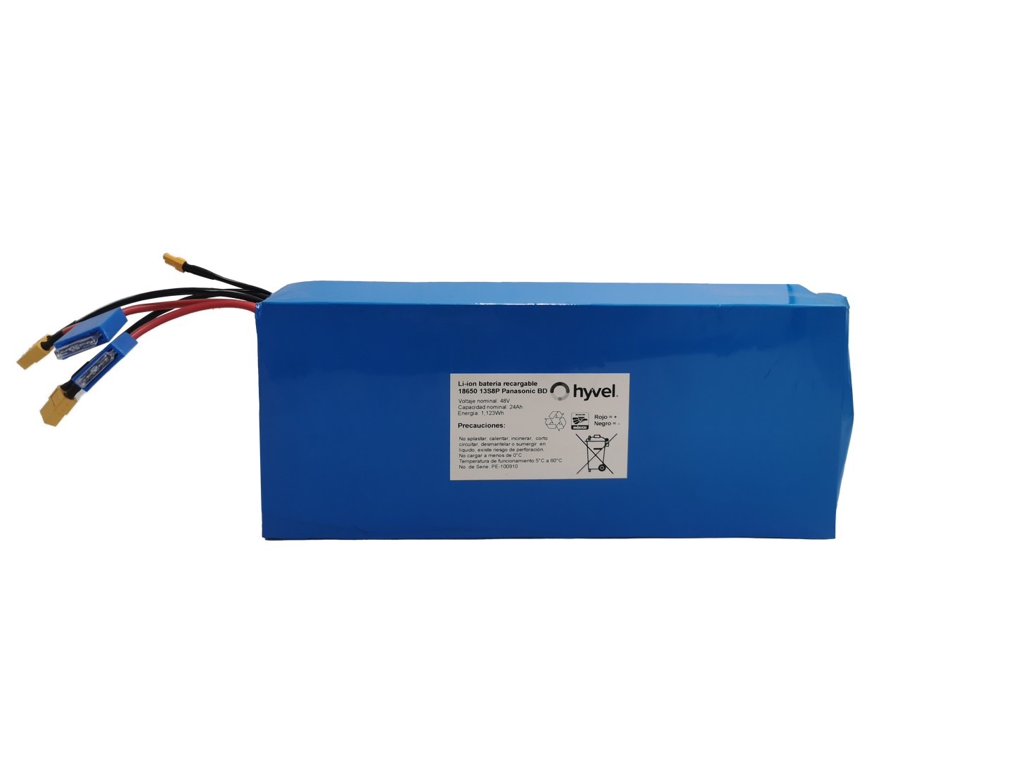 Batería 48v 24ah Para Honey Whale C1 de la marca Hyvel con etiqueta blanca en la parte frontal frontal y dos cables conectores en la parte superior.