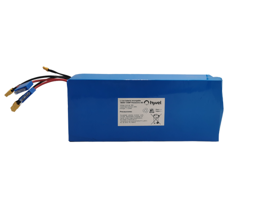 Batería 48v 24ah Para Honey Whale C1 de la marca Hyvel con etiqueta blanca en la parte frontal frontal y dos cables conectores en la parte superior.