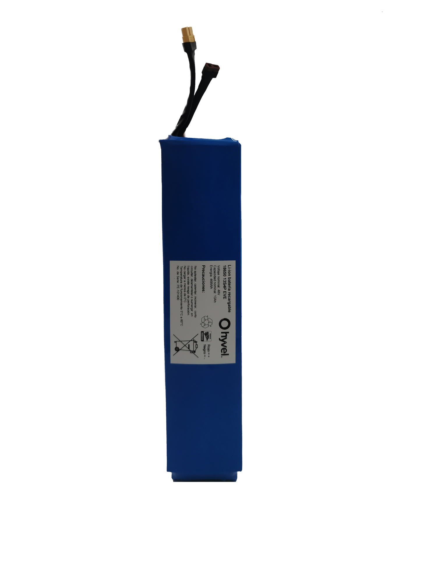 Batería 48V 10Ah compatible con Honey Whale E5 forrada en plástico azul con etiqueta blanca y cables conectores visibles.