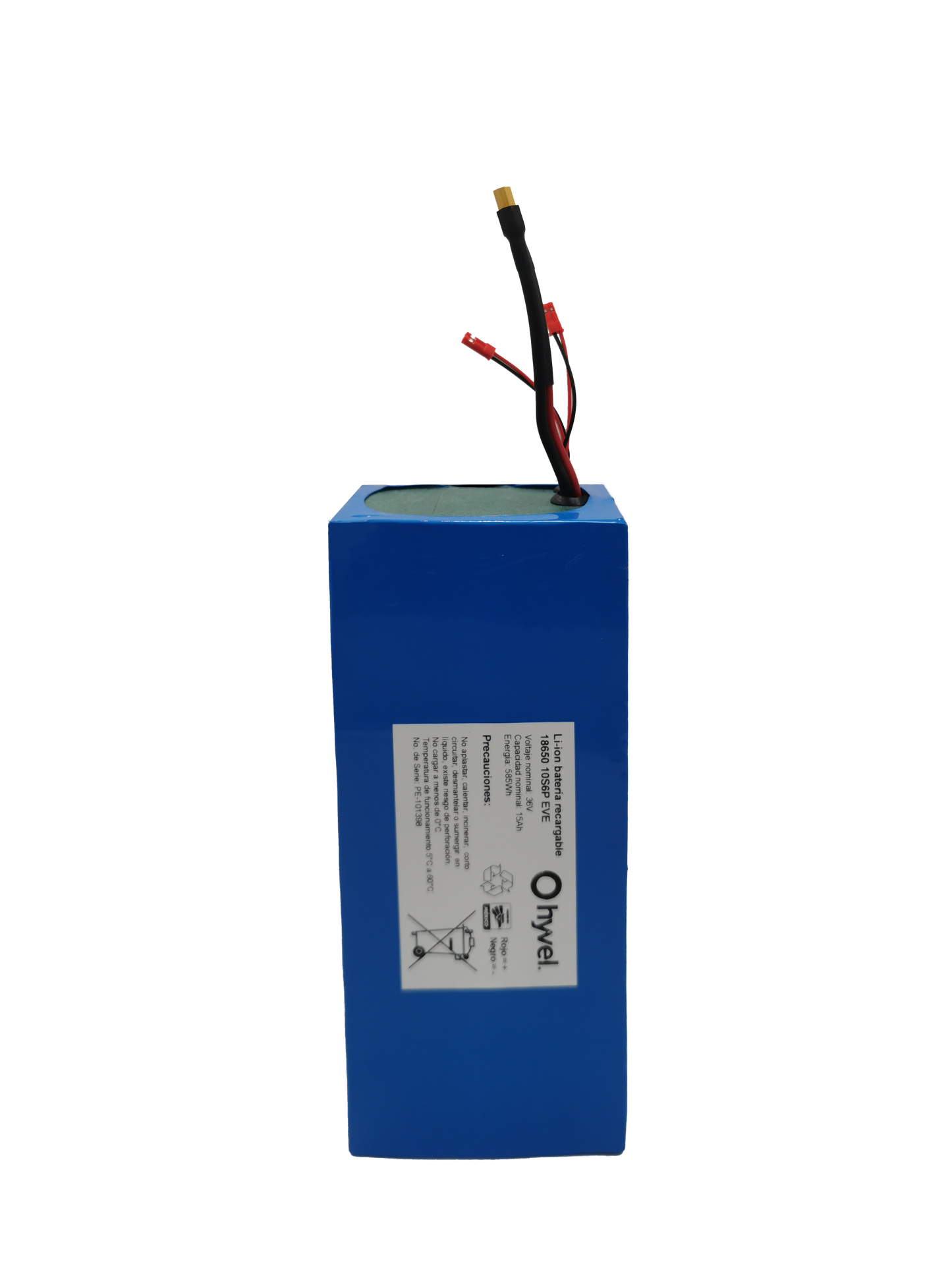 Batería 36V 15Ah compatible con Honey Whale E9 MAX forrada en plástico azul con etiqueta blanca y cables conectores visibles.