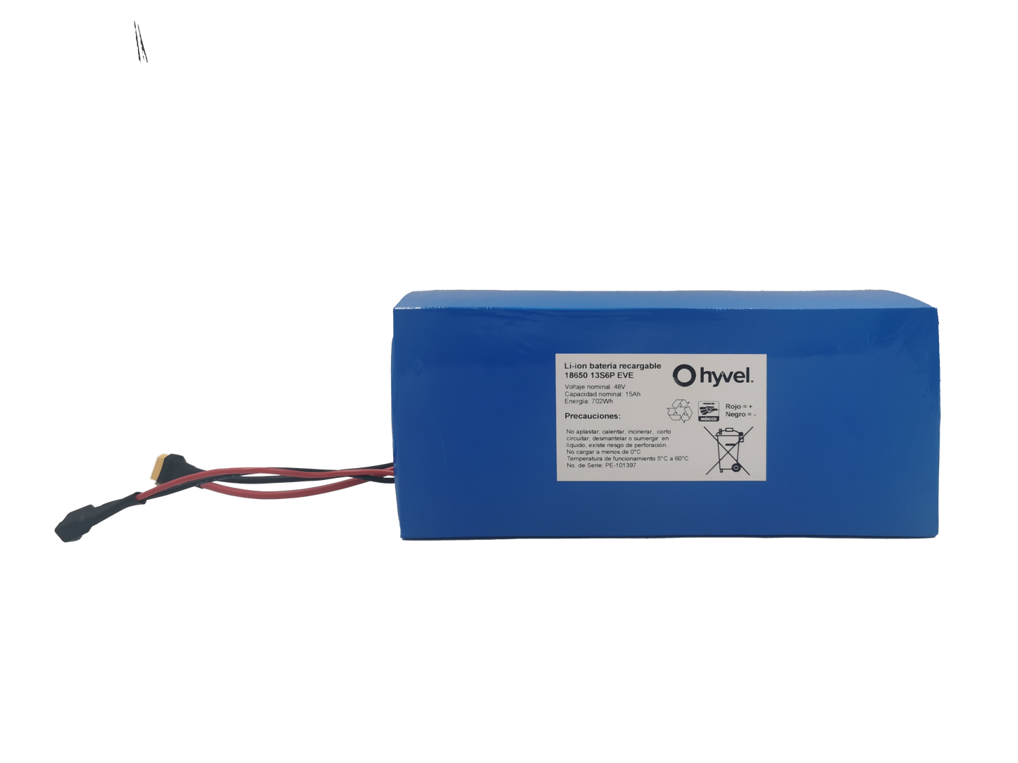 Batería 48V 15Ah compatible con Honey Whale H3 forrada en plástico azul con etiqueta blanca y cables conectores visibles.