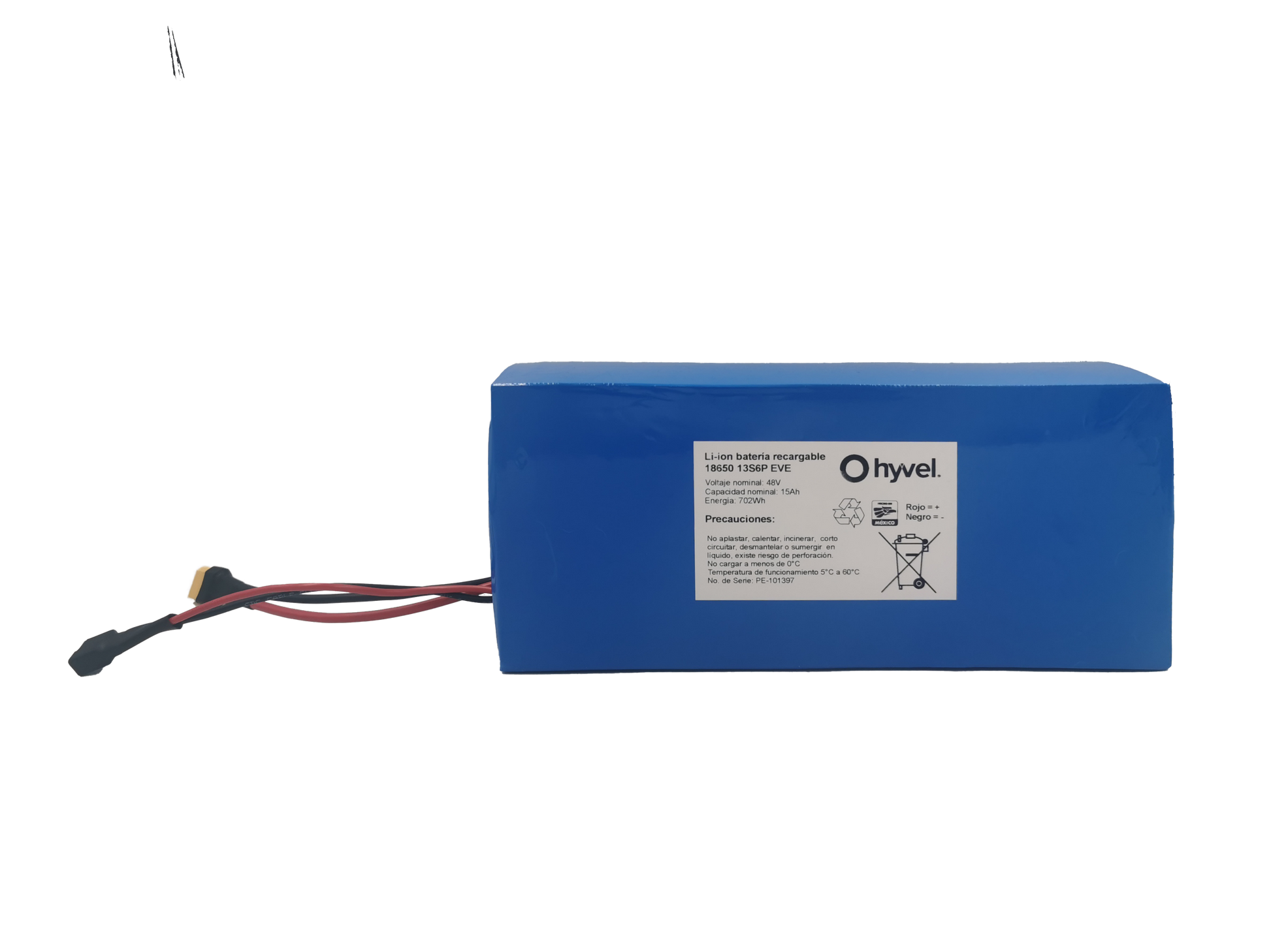 Batería 48V 15Ah compatible con Honey Whale H3 forrada en plástico azul con etiqueta blanca y cables conectores visibles.