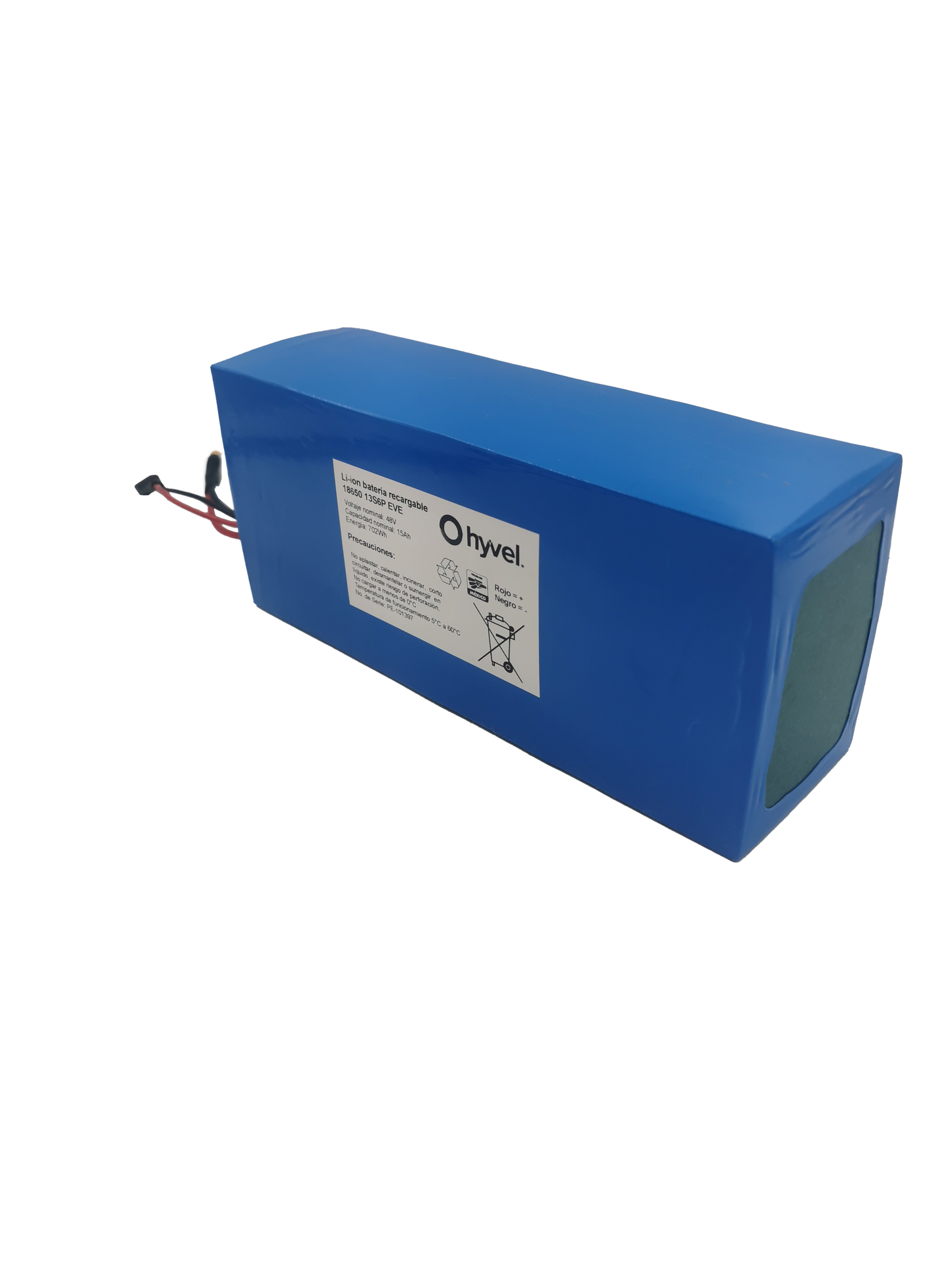 Acercamiento a la Batería 48V 15Ah compatible con Honey Whale H3 con nombre de la marca y cables conectores.