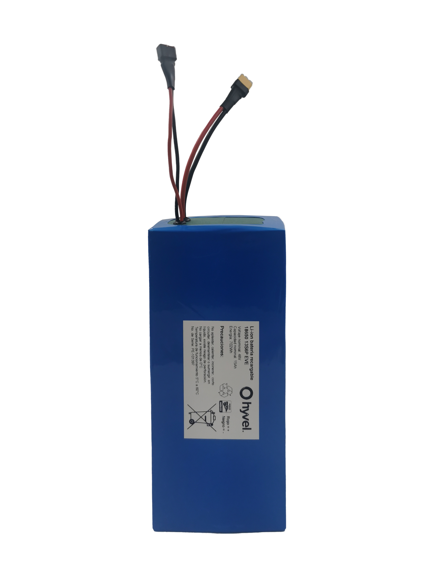 Imagen de la Batería 48V 15Ah compatible con Honey Whale H3 con etiqueta blanca de sus especificaciones al frente y cables conectores.