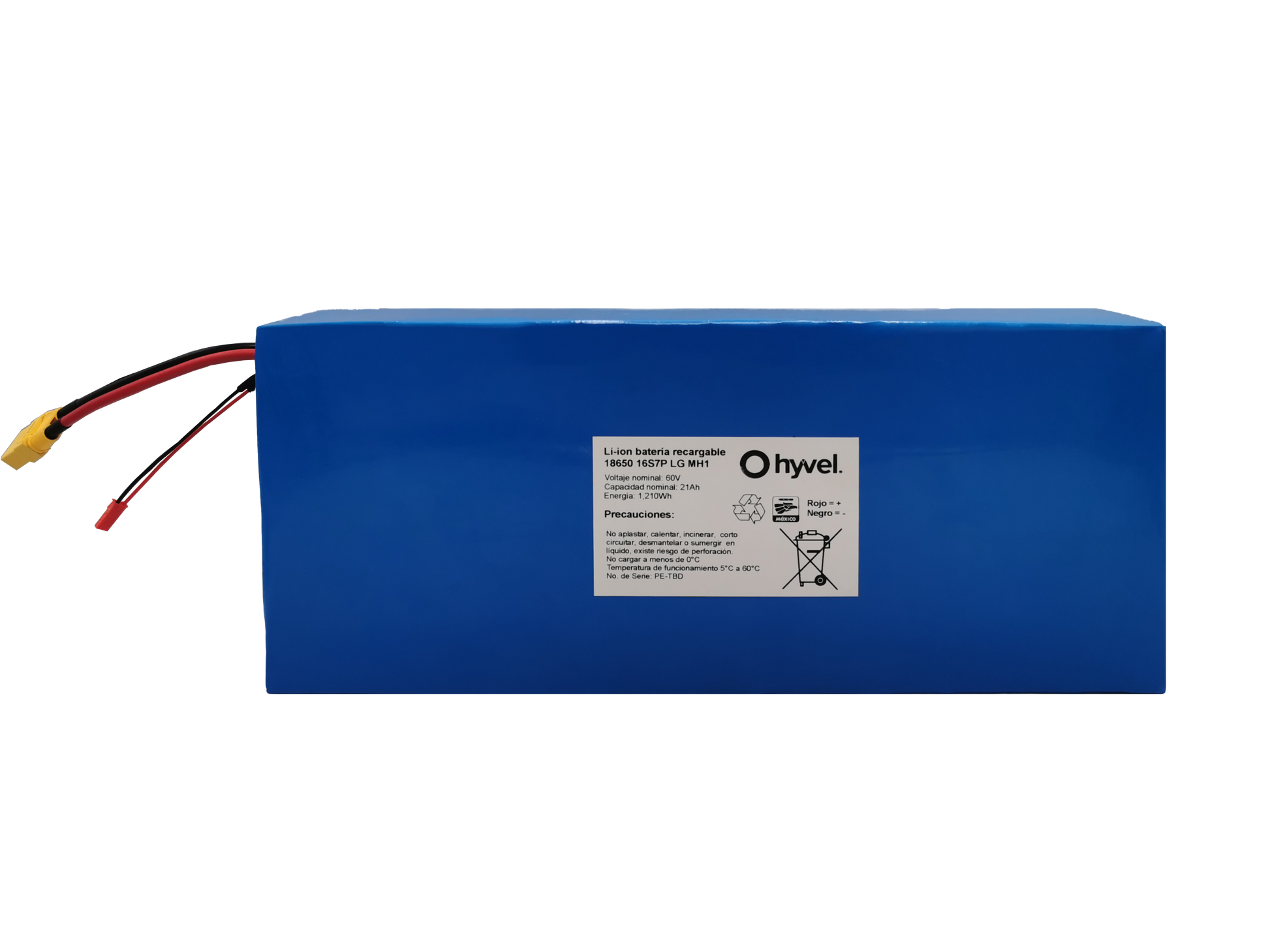Vista frontal de la Batería 60V 21Ah compatible con Honey Whale H4 mostrando su etiqueta blanca con el nombre de la marca Hyvel
