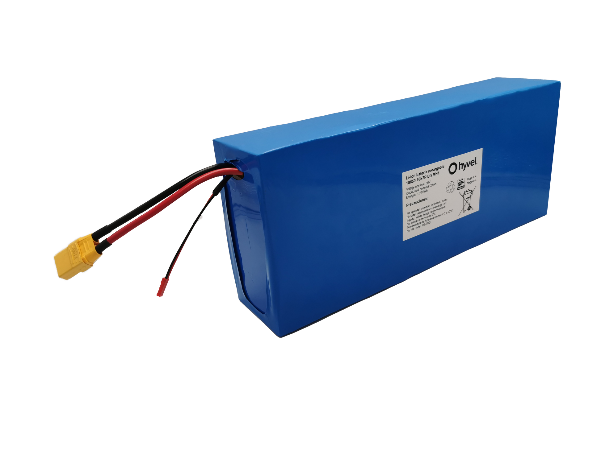 Vista ampliada de la Batería 60V 21Ah compatible con Honey Whale H4 mostrando sus cables rojo y negro con los conectores amarillos