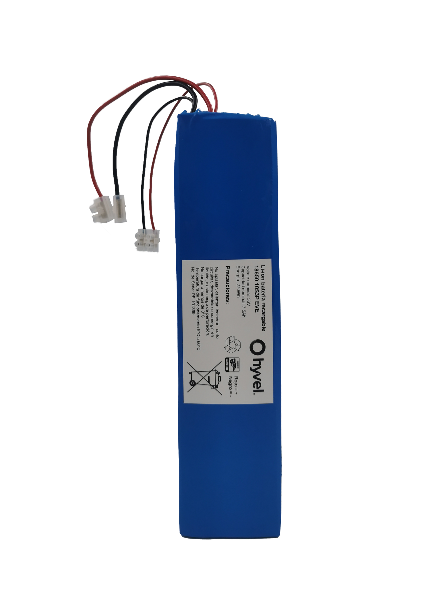 Batería 36V 7.5Ah compatible con Honey Whale M4 forrada en plástico azul con etiqueta blanca y cables conectores visibles.