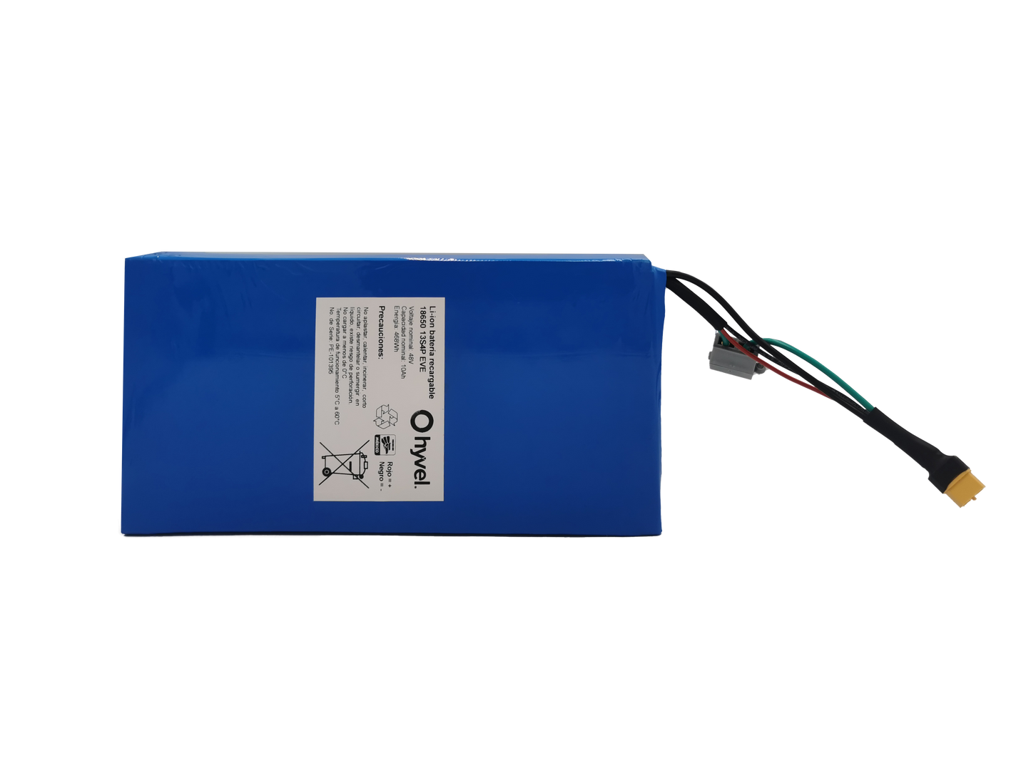 Batería 48V 10Ah compatible con Honey Whale M5 Pro forrada en plástico azul con etiqueta blanca y cables conectores visibles.
