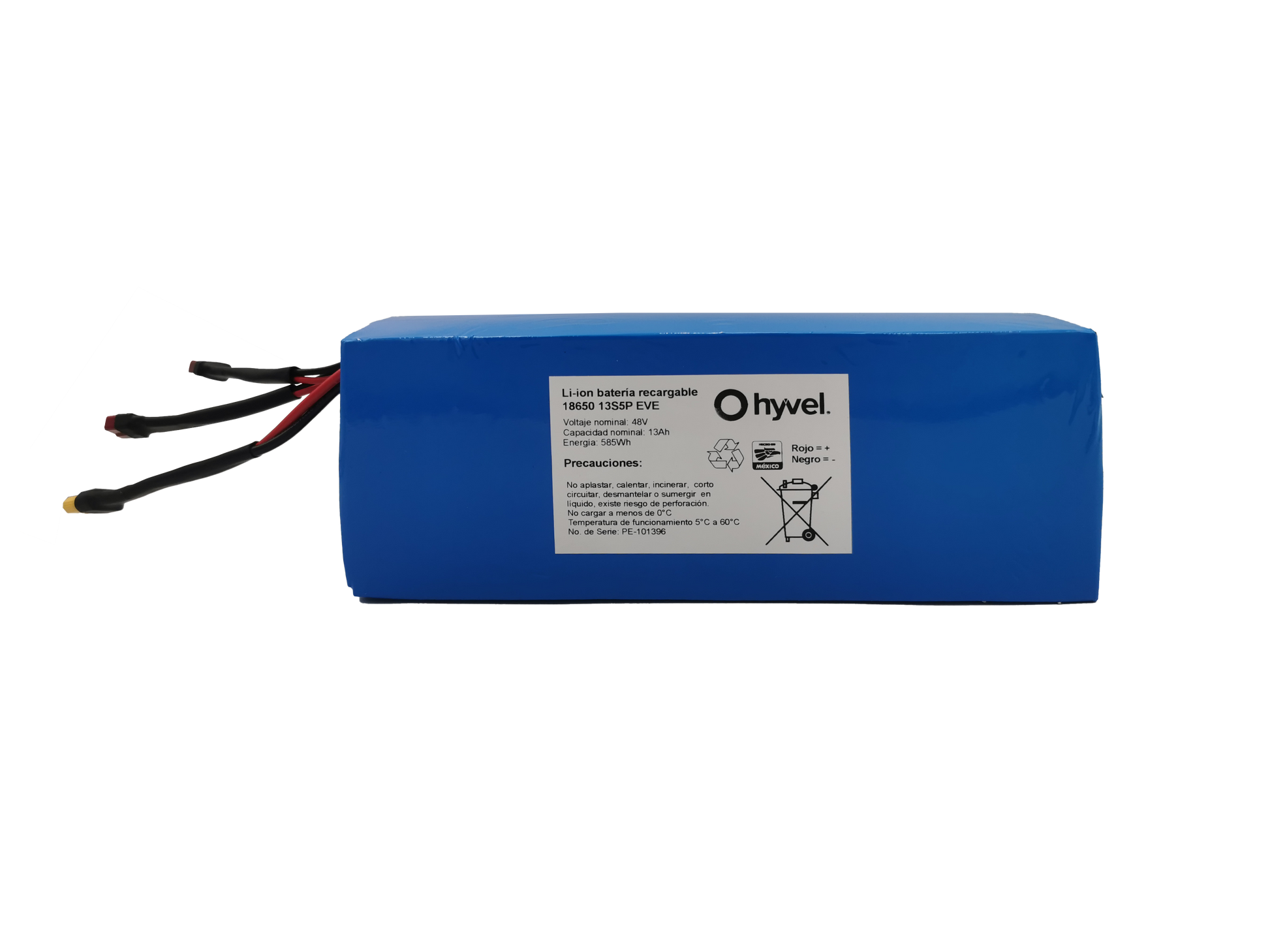 Alejamiento de la Batería 52V 15Ah compatible con Honey Whale T5 con etiqueta blanca de sus especificaciones y nombre de la marca Hyvel