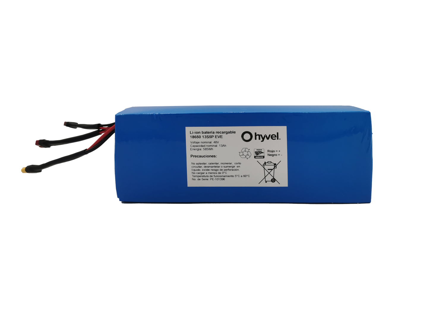 Alejamiento de la Batería 52V 15Ah compatible con Honey Whale T5 con etiqueta blanca de sus especificaciones y nombre de la marca Hyvel