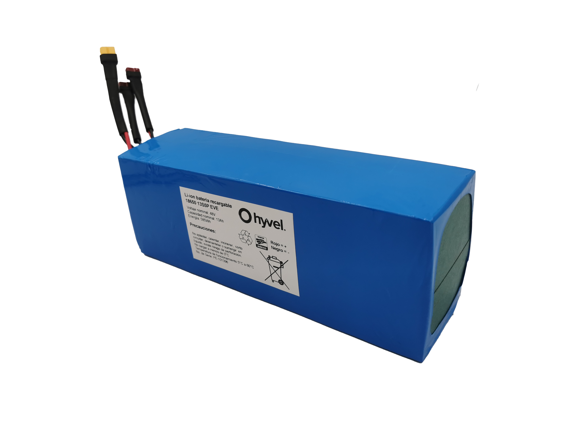 Vista frontal de la Batería 52V 15Ah compatible con Honey Whale T5 mostrando el plástico azul protector y etiqueta blanca con especificaciones y cables conectores.