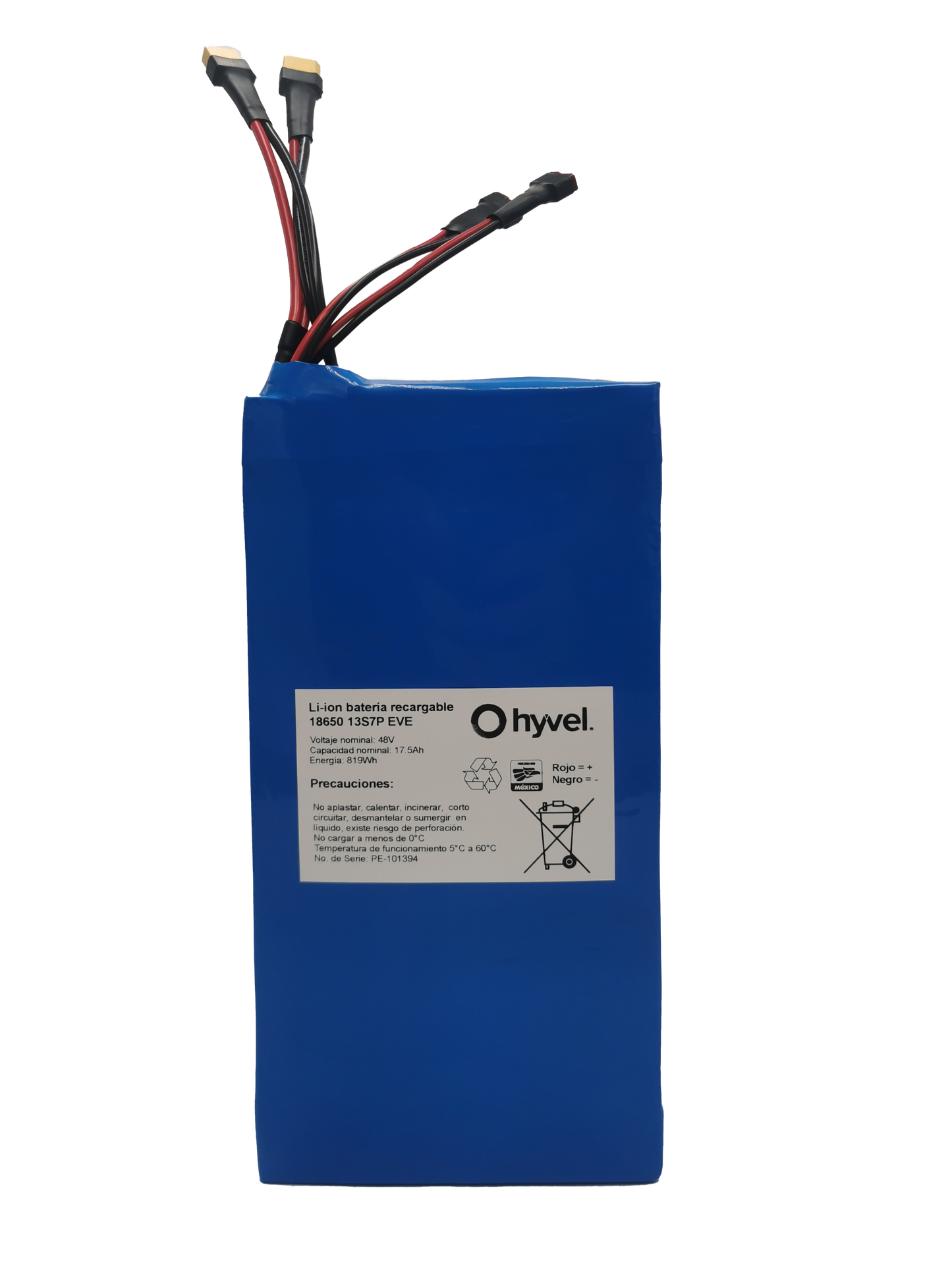 Imagen de la Batería 48V 17.5Ah compatible con Honey Whale T8B con etiqueta blanca de sus especificaciones al frente y cables conectores.