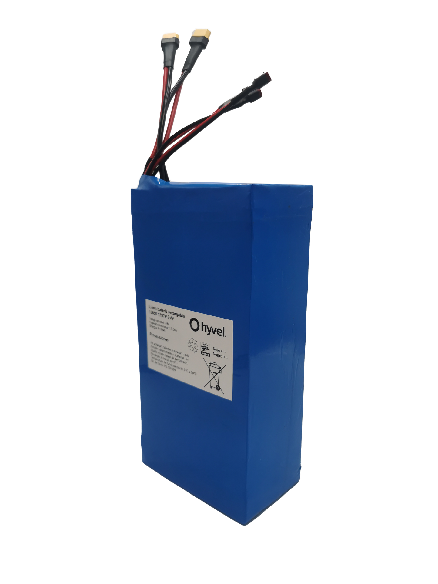 Acercamiento a la Batería 48V 17.5Ah compatible con Honey Whale T8B con nombre de la marca y cables conectores.