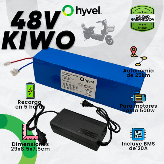Imagen de la Kit Batería 48V compatible con KIWO + Cargador 2A con especificaciones y cualidades alrededor, junto al logotipo de Hyvel.