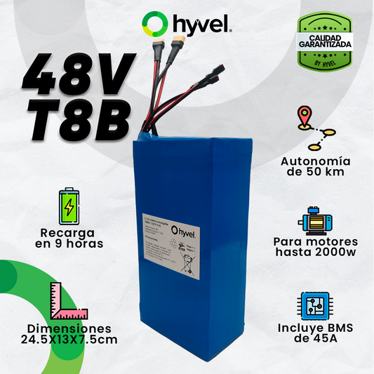 Imagen de la Batería 48V 17.5Ah compatible con Honey Whale T8B con especificaciones y cualidades alrededor, junto al logotipo de Hyvel.