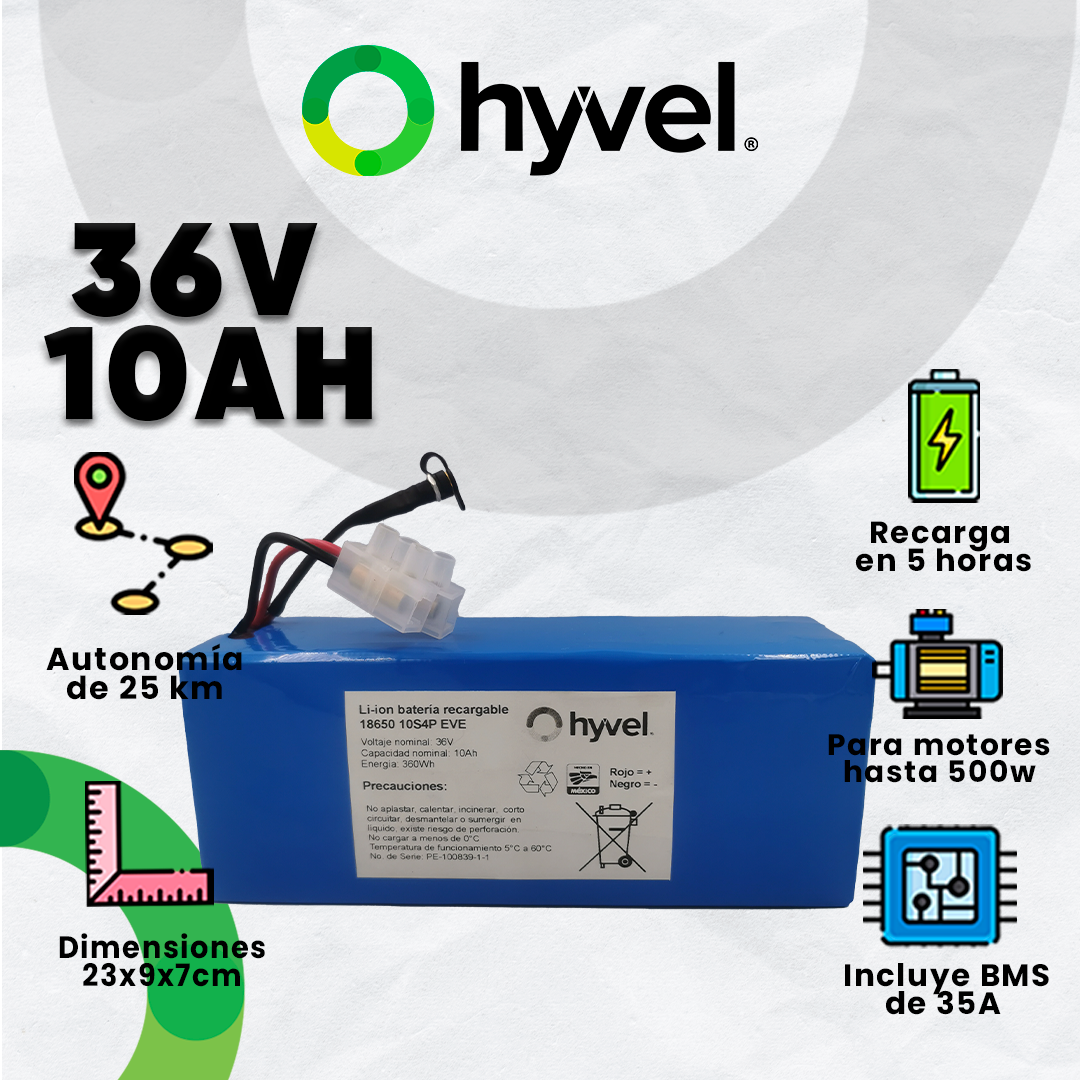 Vista destacada de la Batería 36v 10ah Eve, con elementos distintivos en la etiqueta frontal, mostrando su capacidad y voltaje.