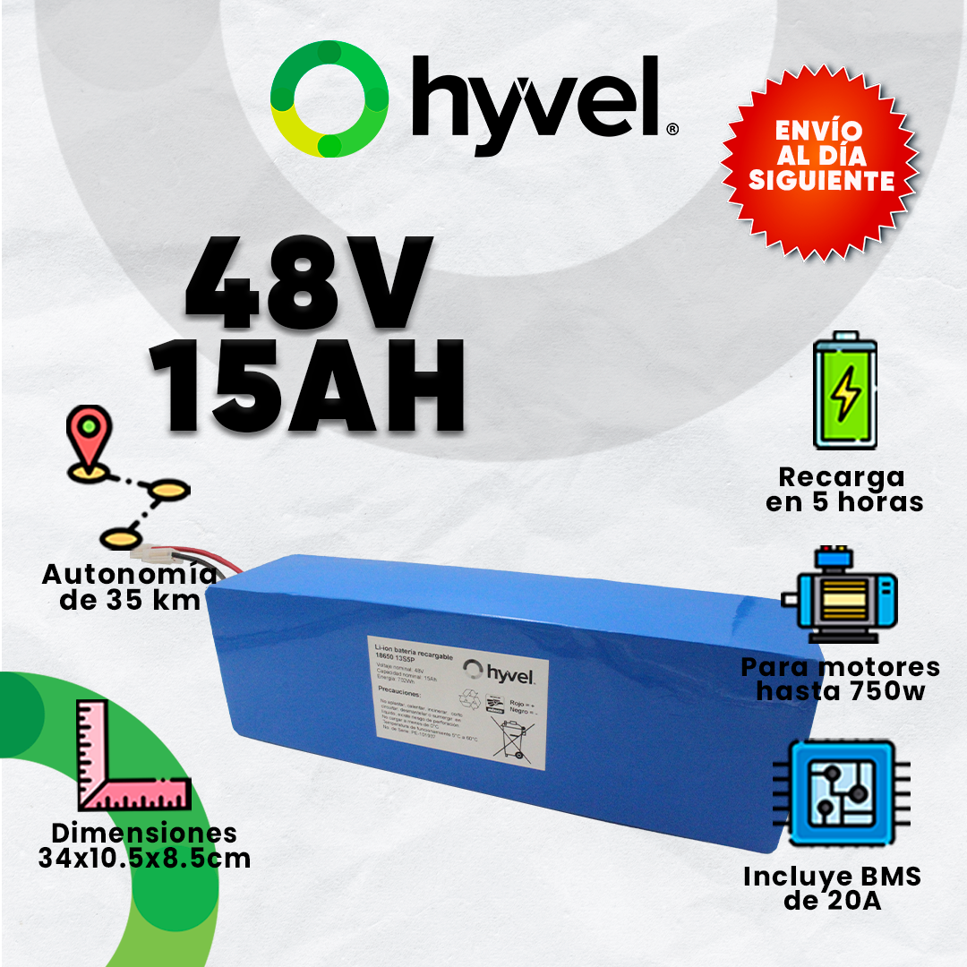 Ilustración de la Batería 48V 15Ah destacando sus beneficios para su uso así como su voltaje y AH junto a un sello promocional de envío rápido al siguiente día.