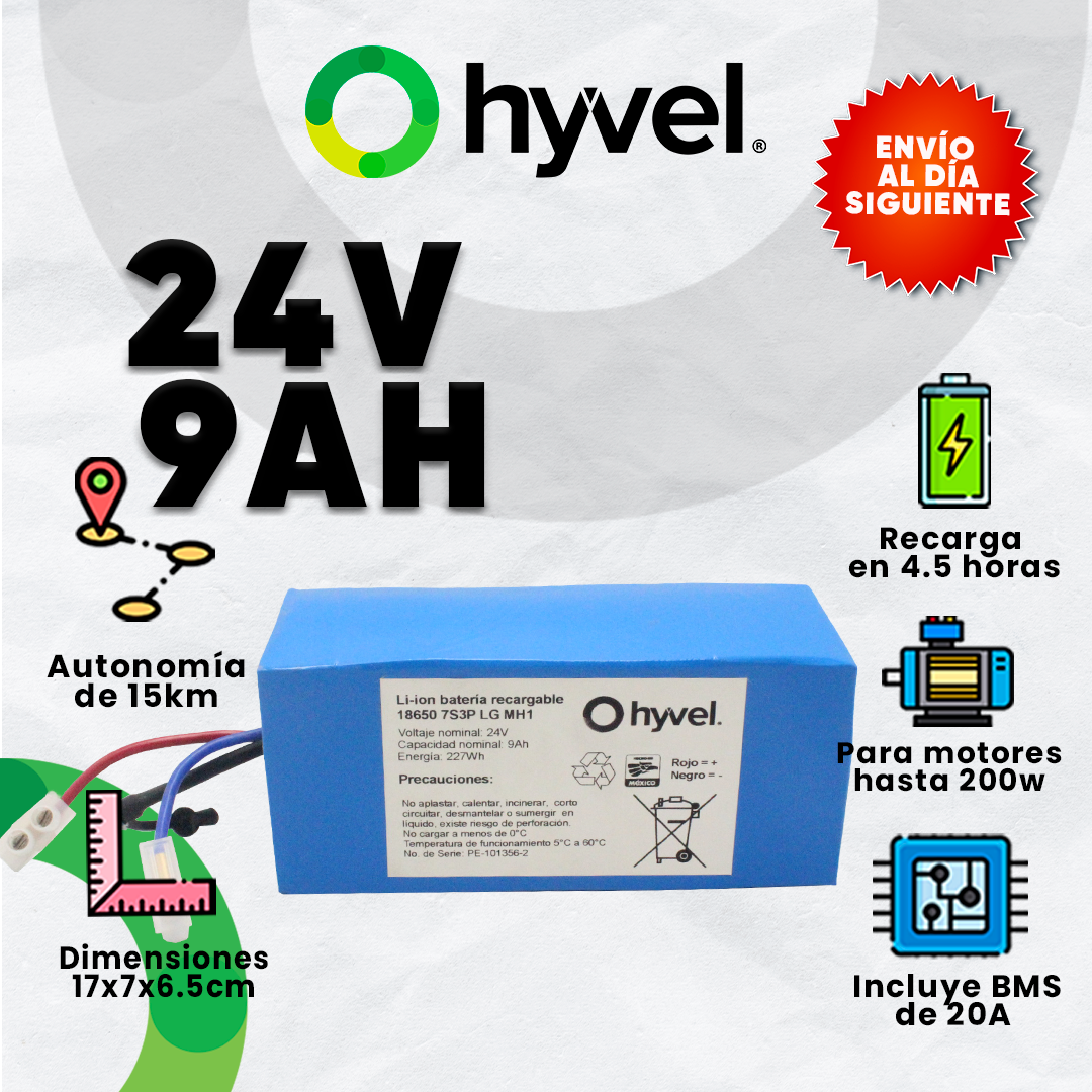 Imagen de la Batería 24V 9Ah LG MH1 mostrando sus beneficios, el nombre de la marca y el aviso destacado de envío rápido
