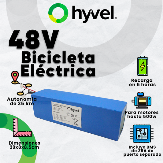 Imagen publicitaria destacando beneficios y funcionalidades del Kit Batería 48V para Bicicleta Eléctrica + Cargador 2A con logo Hyvel.