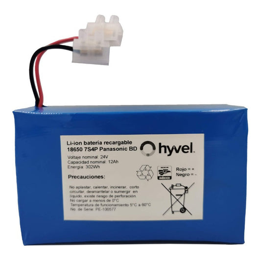 Vista completa de batería Panasonic 24V 12Ah con datos impresos en cuerpo y fondo neutro.