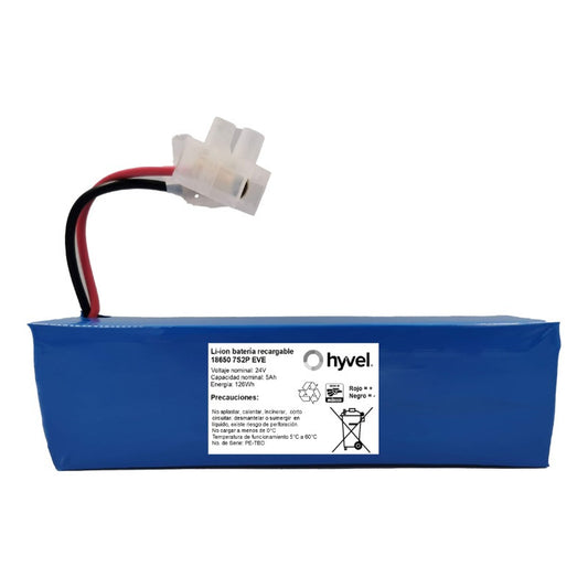 Imagen frontal de la batería 24V 5Ah EVE con diseño cilíndrico y etiqueta informativa.