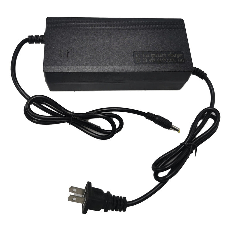 Cargador 7s 29.4v 2a Para Litio Ion de color negro con los cables a su extremo enrollados