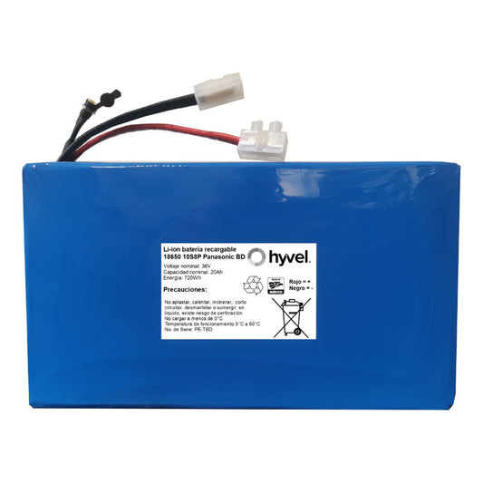 Imagen frontal de batería EVE 36V 20Ah con etiqueta técnica sobre diseño rectangular.